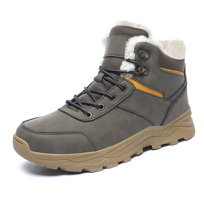 A gray insulated winter hiker boot with a plush-lined collar and rugged slip-resistant sole
