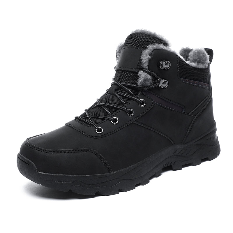 A black insulated winter hiker boot with a plush-lined collar and rugged sole, side view