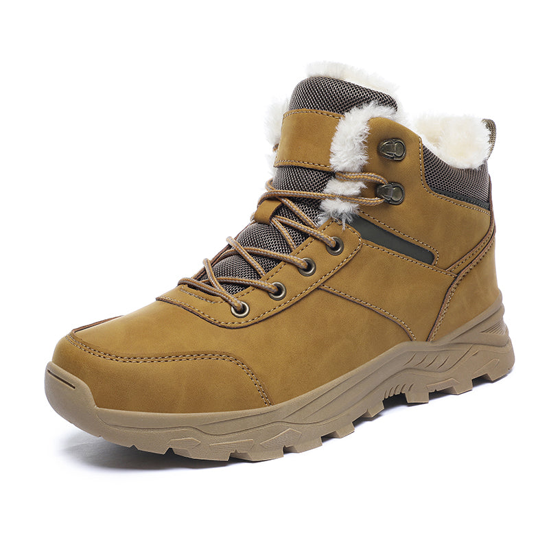 A brown insulated winter hiker boot with a plush-lined collar and rugged slip-resistant sole