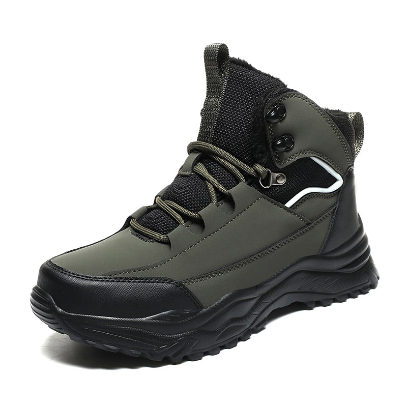 A black and dark green insulated winter hiker boot with a plush-lined collar, lace-up design, and rugged sole