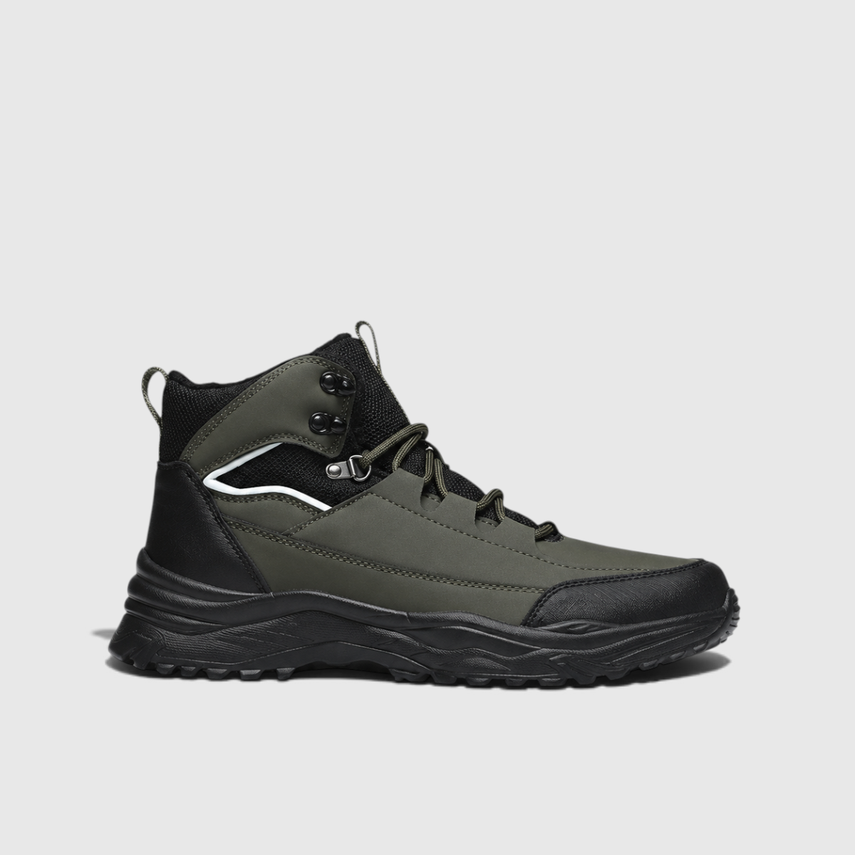 A pair of black and dark green insulated winter hiker boots with a plush-lined collar and slip-resistant sole