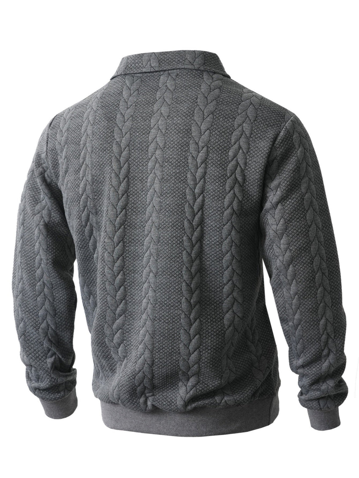 Gray cable knit quarter-zip sweater shown from the back with textured knit pattern and ribbed hem and cuffs