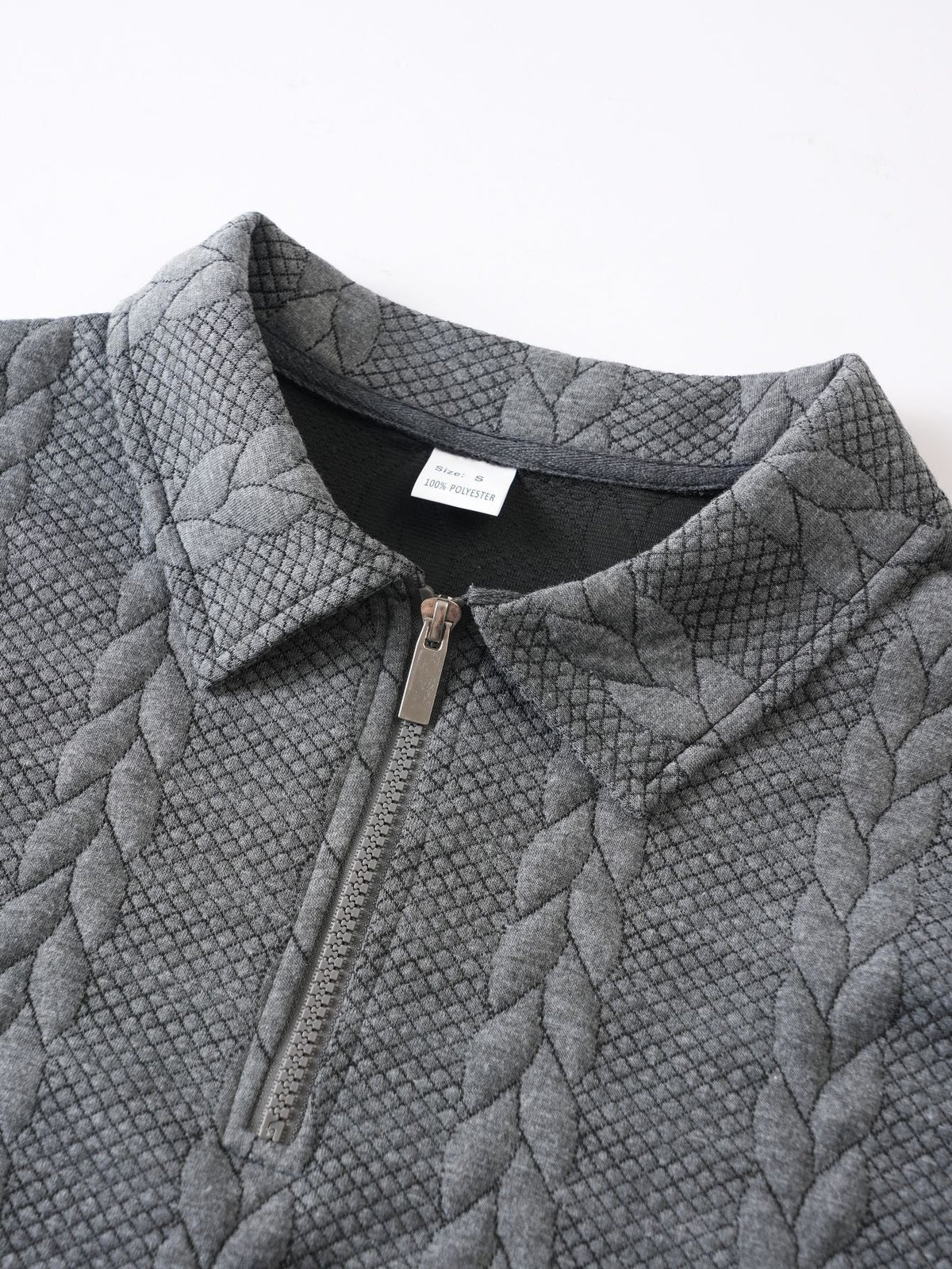 Gray cable knit quarter-zip sweater close-up showing textured knit pattern and ribbed collar