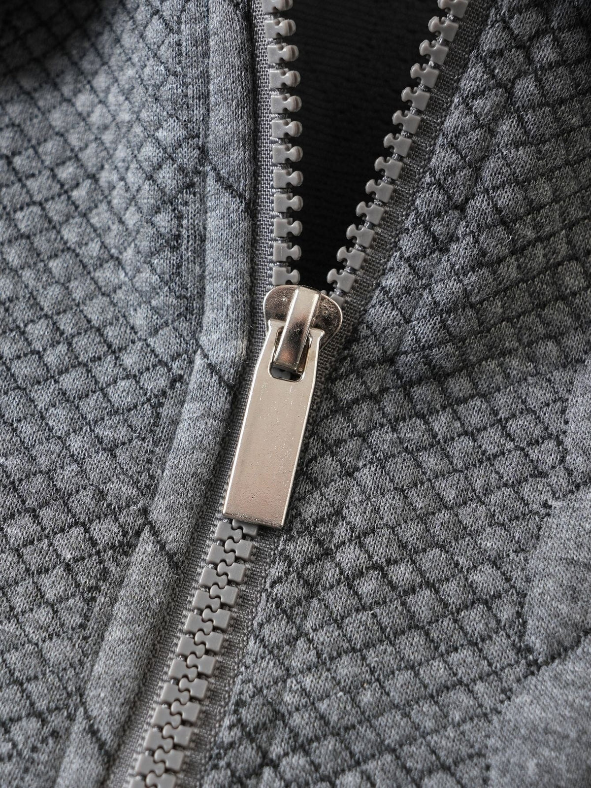 Gray cable knit quarter-zip sweater close-up showing textured knit pattern and ribbed collar