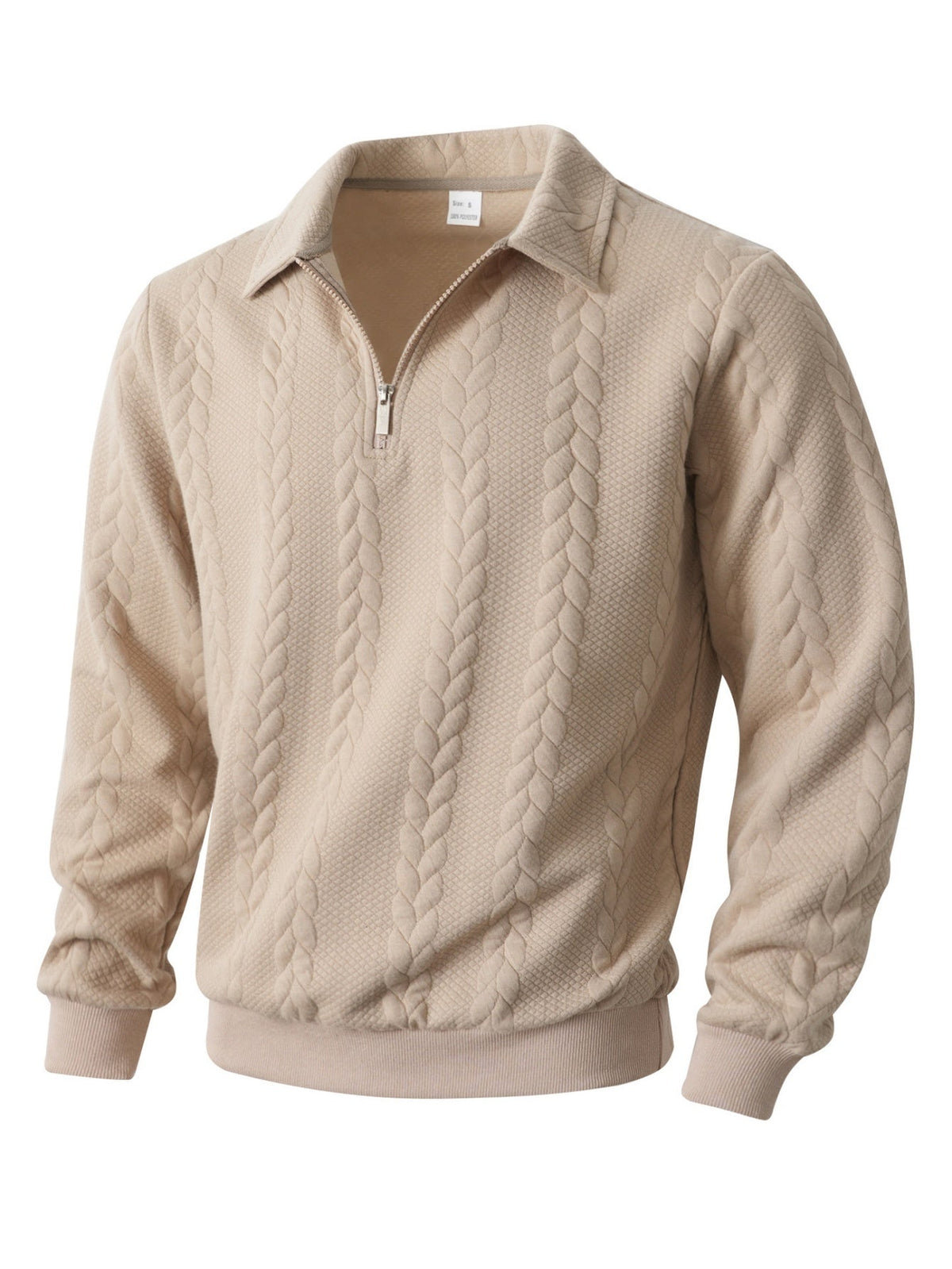 Beige cable knit quarter-zip sweater with textured knit pattern, long sleeves, ribbed cuffs and hem