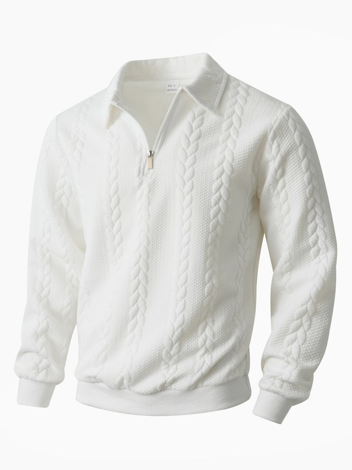 White cable knit quarter-zip sweater with textured knit pattern, long sleeves, ribbed cuffs and hem