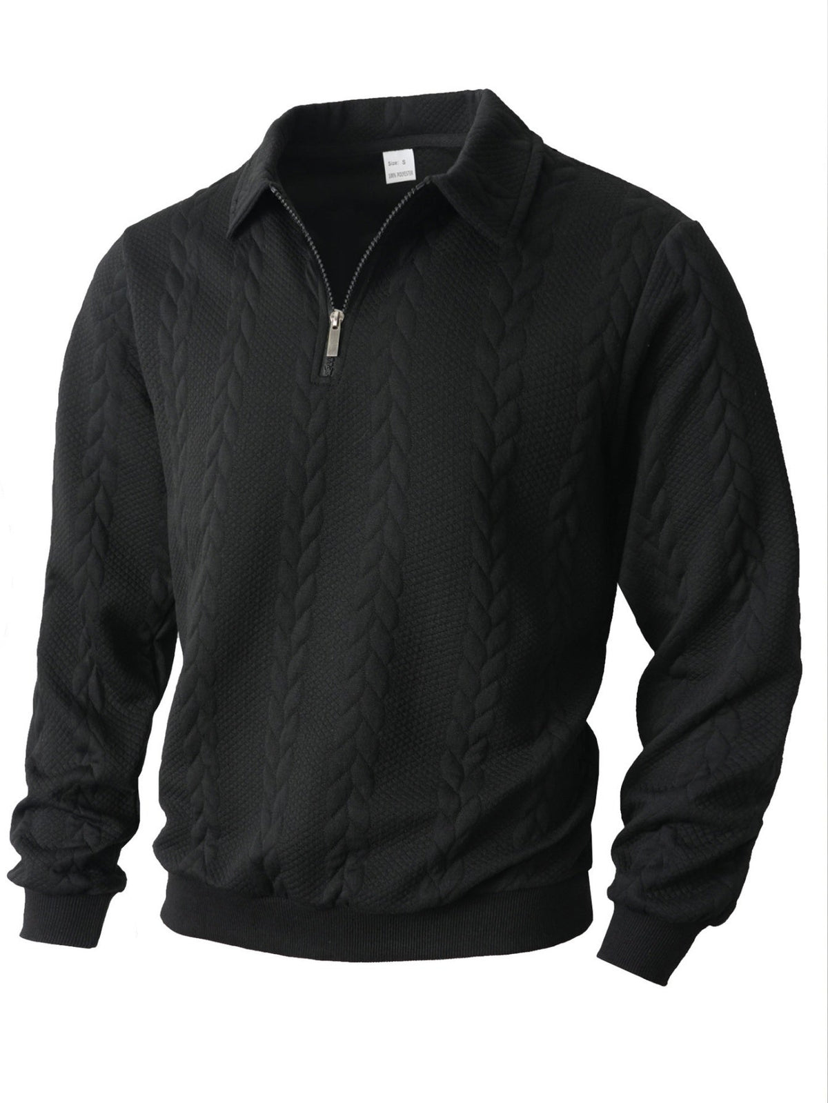 Black cable knit quarter-zip sweater with textured knit pattern, long sleeves, ribbed cuffs and hem