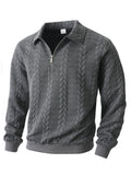 Gray cable knit quarter-zip sweater with textured knit pattern, long sleeves, ribbed cuffs and hem