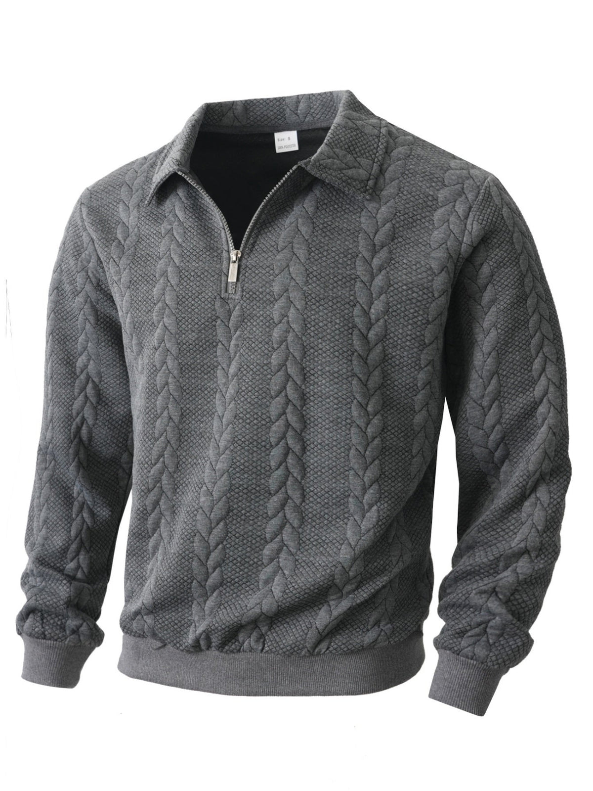 Gray cable knit quarter-zip sweater with textured knit pattern, long sleeves, ribbed cuffs and hem
