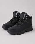 Black lace-up winter ankle boots with plush-lined collars and lug soles
