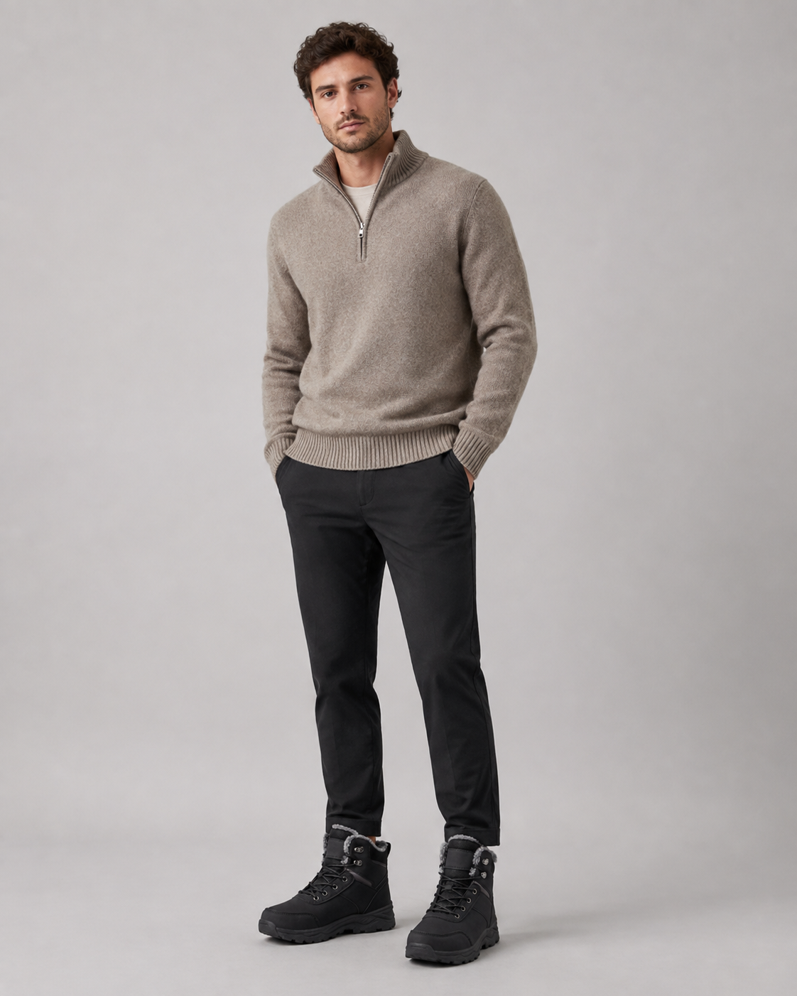 A man wearing black lace-up winter ankle boots with a plush-lined collar and lug sole, standing indoors