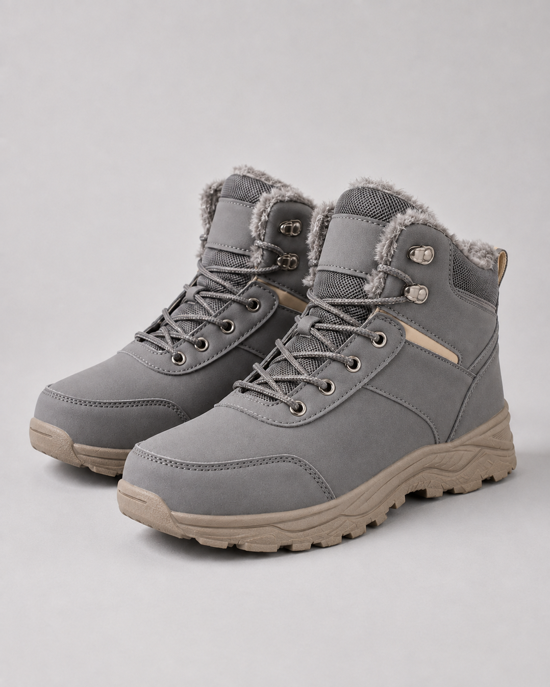 Gray lace-up winter ankle boots with plush-lined collars and lug soles