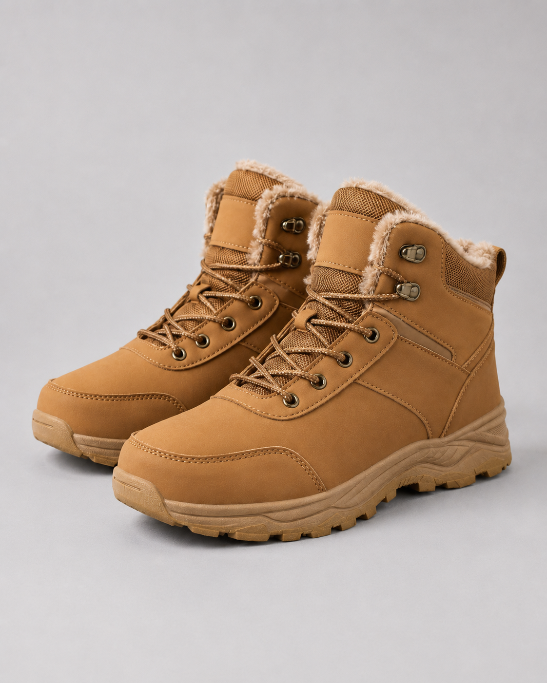 Tan lace-up winter ankle boots with plush-lined collars and lug soles