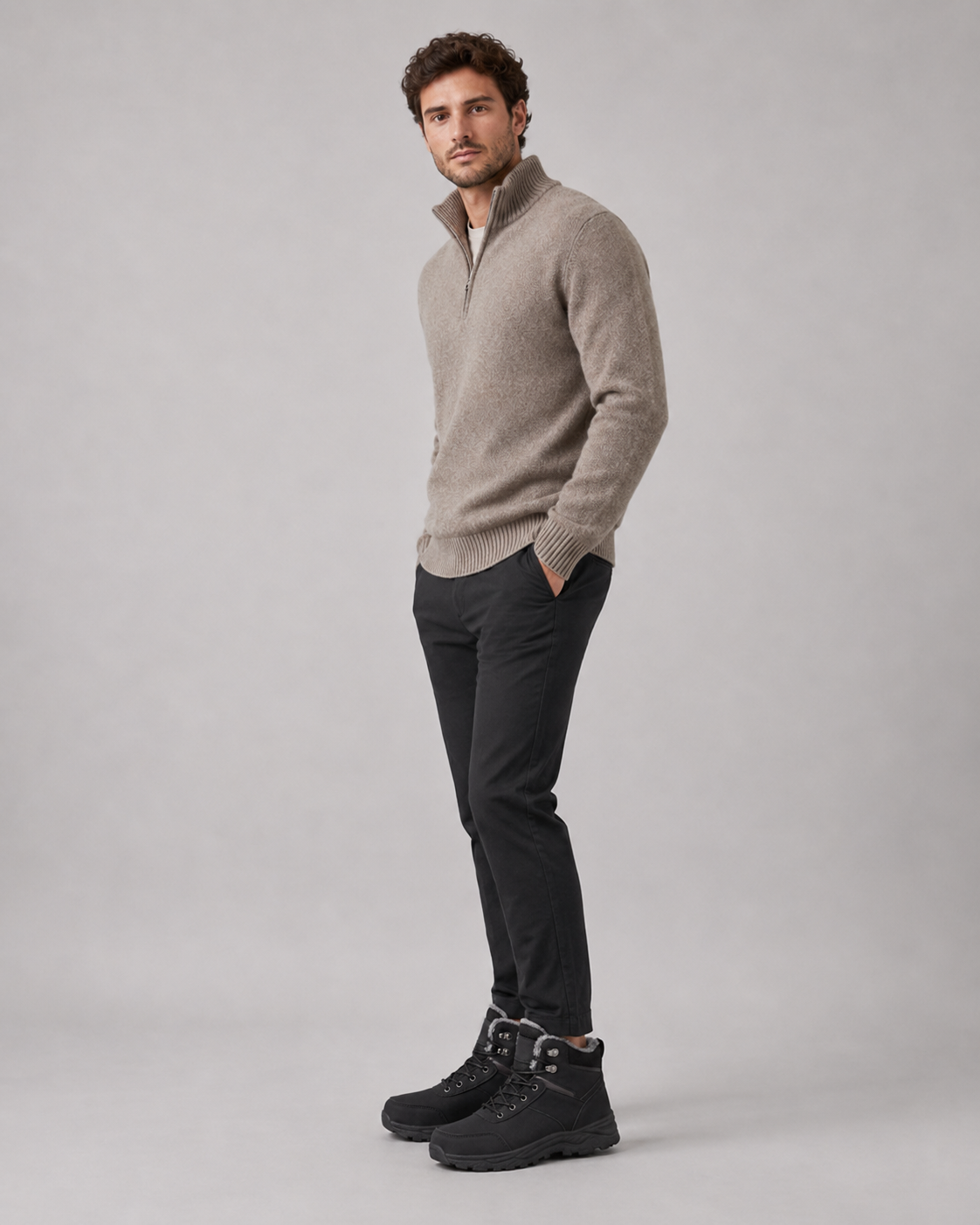 A man wearing black lace-up winter ankle boots with a plush-lined collar and lug sole