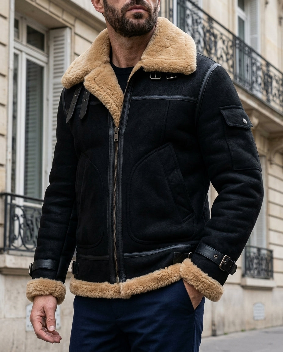 Black lambswool shearling aviator jacket for men with plush interior and tailored collar, worn by a male model
