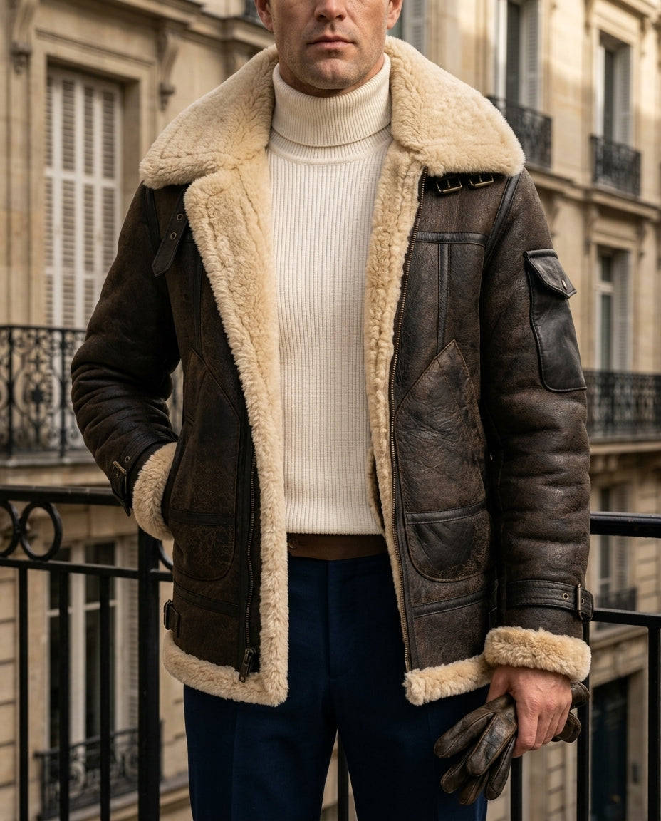 Dark Brown lambswool shearling aviator jacket for men with plush interior and tailored collar, worn by a male model