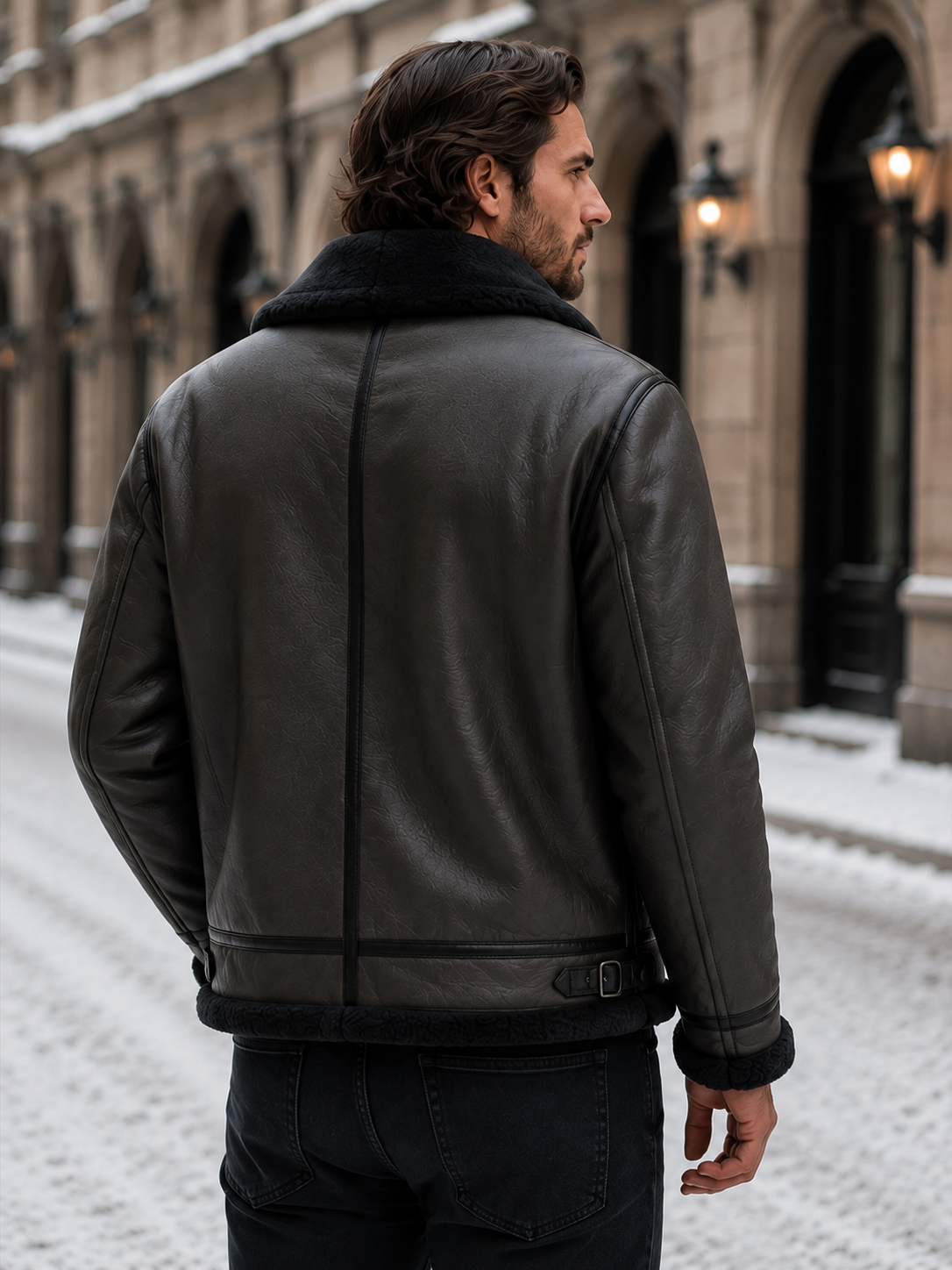 Black leather aviator jacket for men worn by a male model, back view with shearling lining and collar