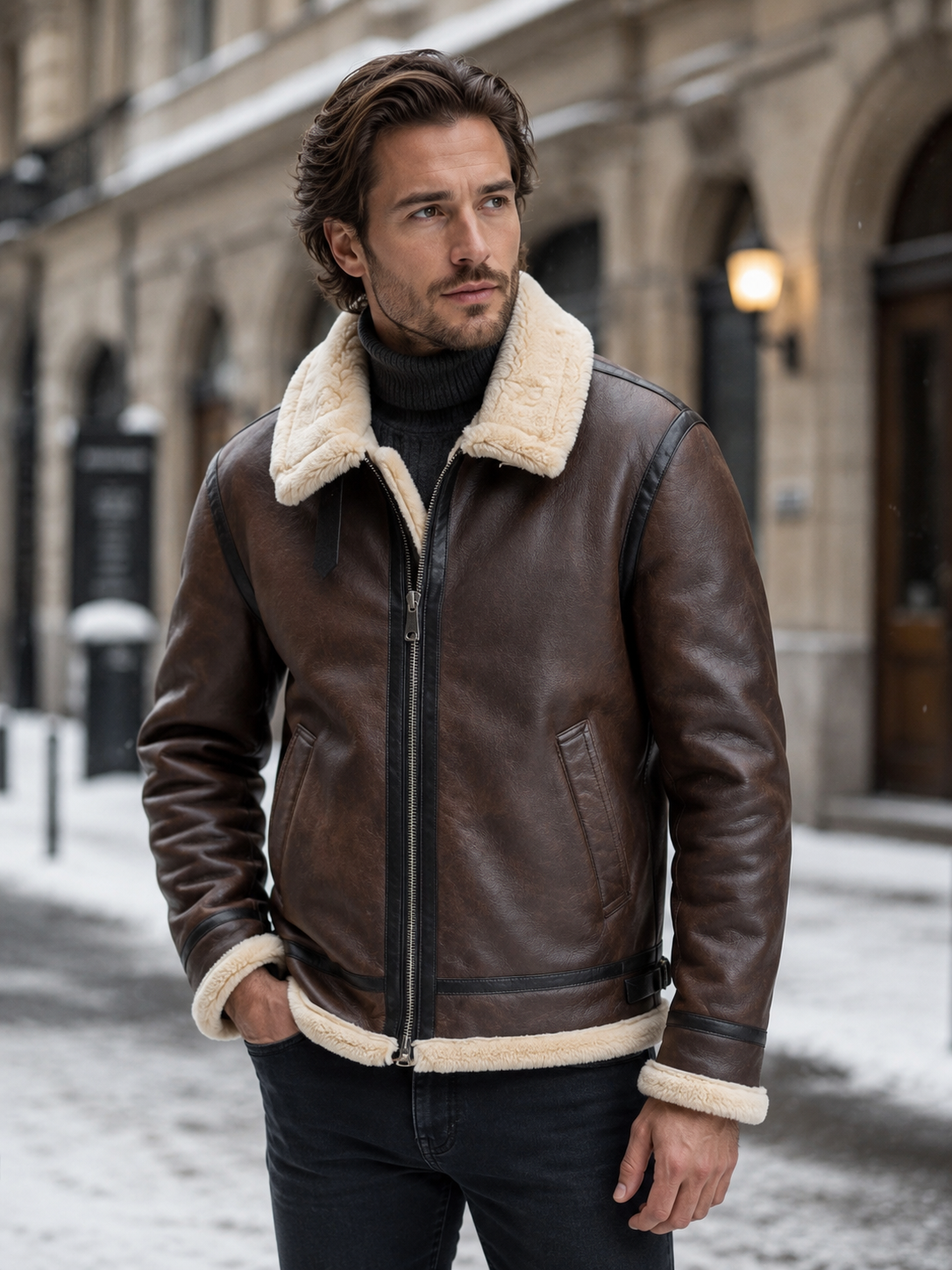 Dark Brown leather aviator jacket for men worn by a male model, front view with shearling lining and side pockets