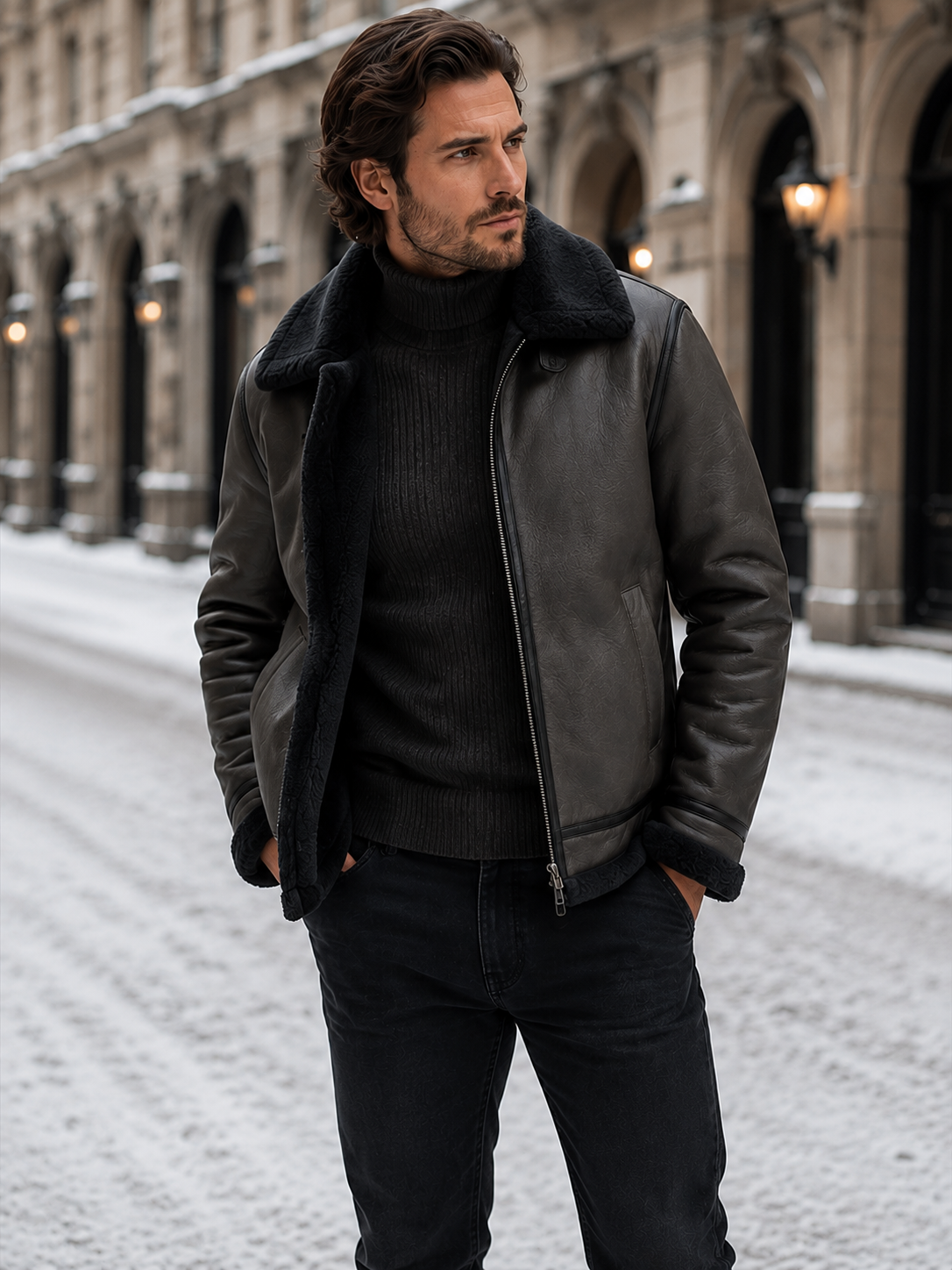 Black leather aviator jacket for men worn by a male model, front view with shearling lining and side pockets