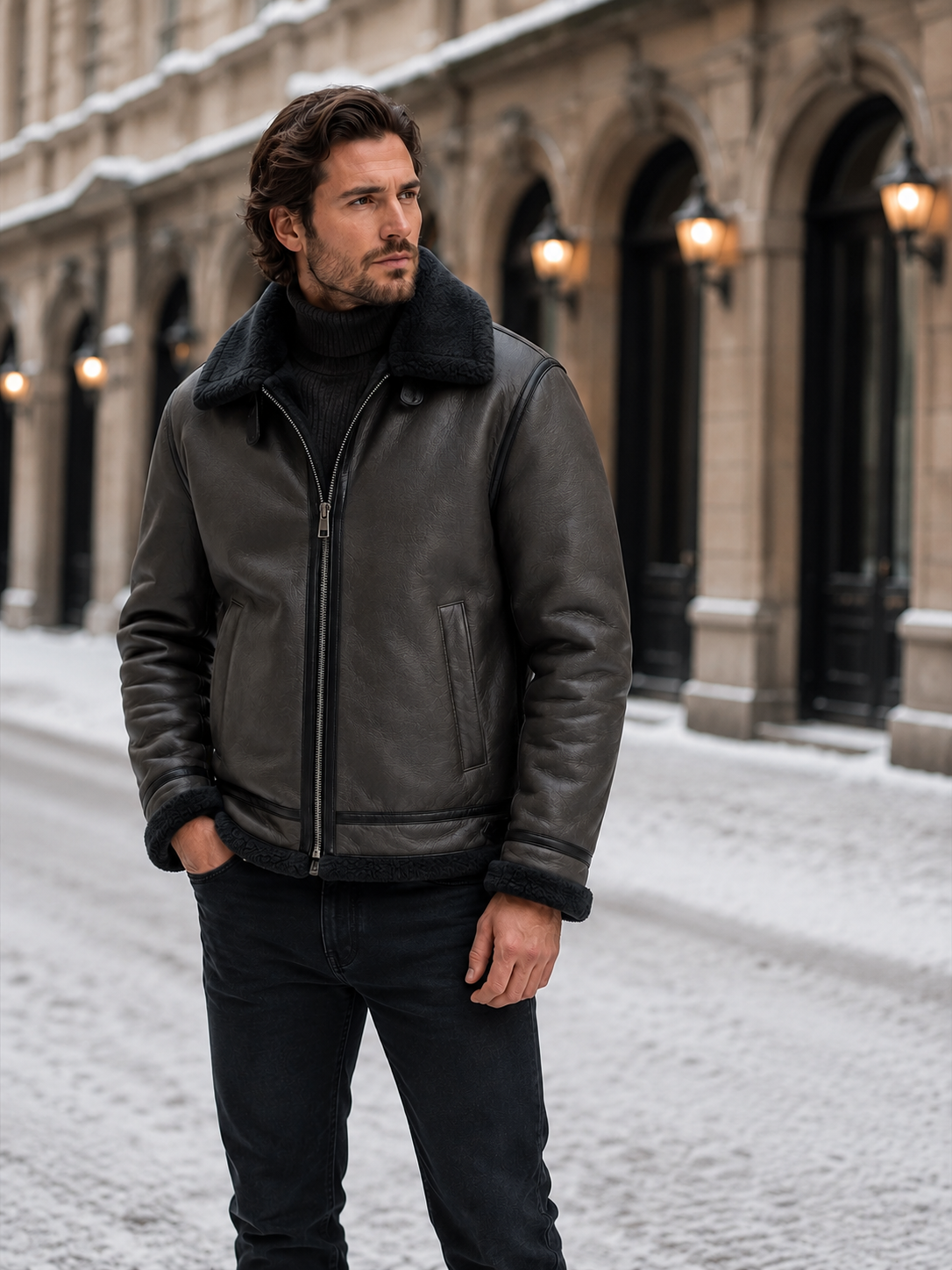 Black leather aviator jacket for men worn by a male model, full-body view with shearling collar and side pockets