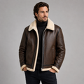 Dark Brown leather aviator jacket for men with shearling lining, full-zip closure, shearling collar, and side pockets, worn by a male model