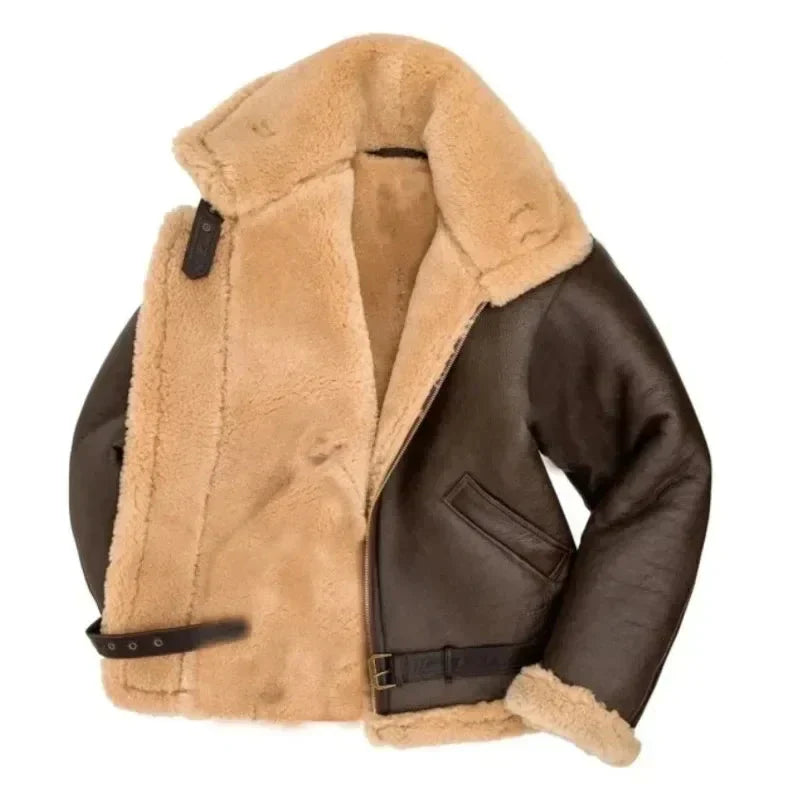 Dark brown leather aviator jacket for men with sherpa lining, full-zip closure, wide collar, and regular fit