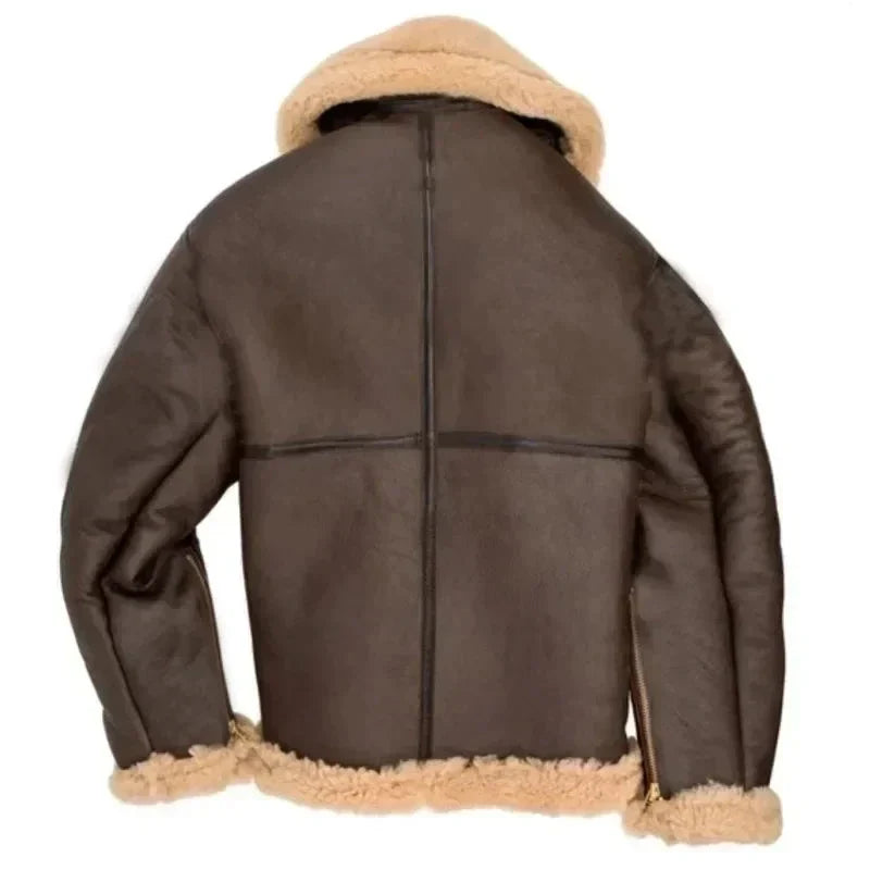 Dark Brown leather aviator jacket for men shown from the back with sherpa lining, full-zip closure, wide collar, and regular fit
