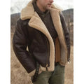 Brown leather aviator jacket for men with sherpa lining, full-zip closure, wide collar, and regular fit, worn by a male model