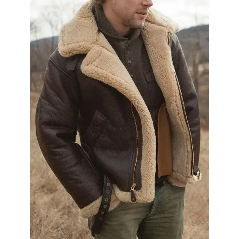 Brown leather aviator jacket for men with sherpa lining, full-zip closure, wide collar, and regular fit, worn by a male model