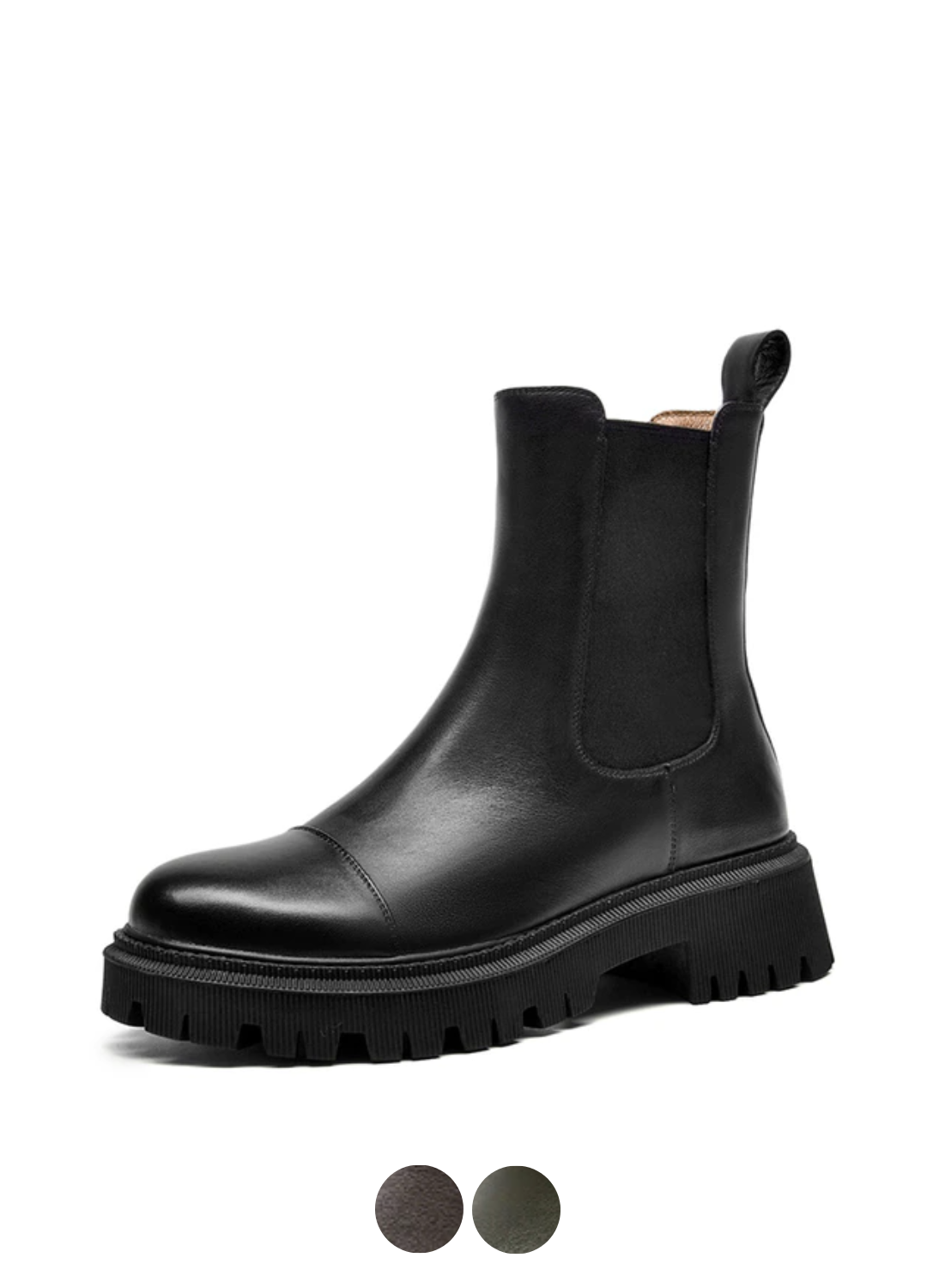 Side profile of a black leather Chelsea ankle boot for women on a lug sole, with brown and green colour swatches