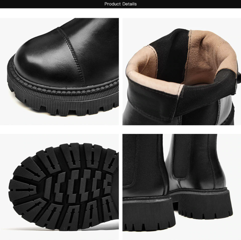 Detail panels showing the cap-toe stitching, leather lining, lug tread pattern and square heel of the Nora boot