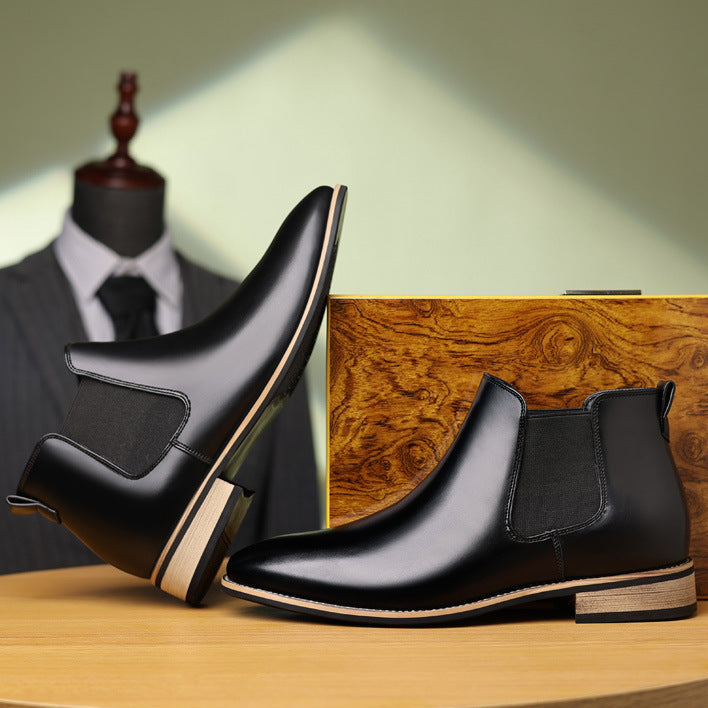 Black leather Chelsea boots shown from different angles, highlighting the polished finish and sleek silhouette.