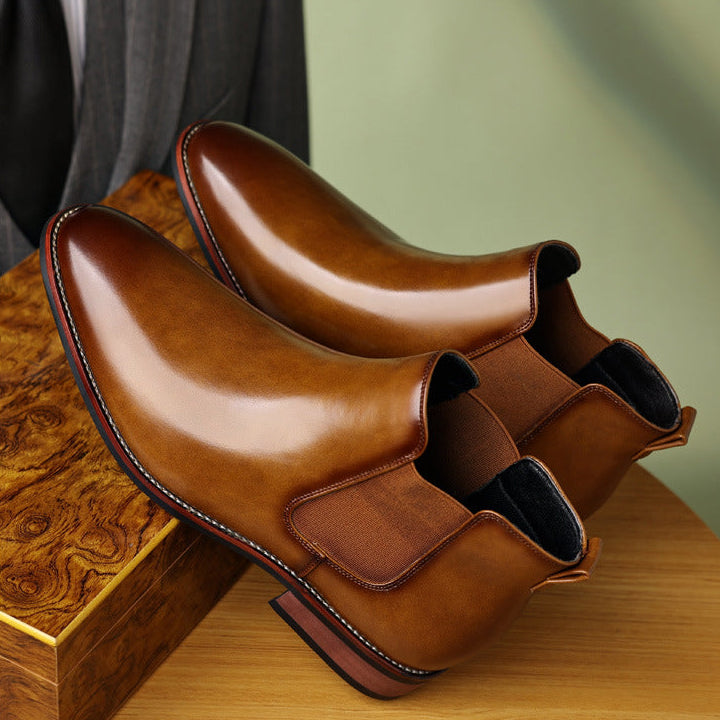 Brown leather Chelsea boots shown from different angles, featuring elastic side panels, pointed toes, and low heels.