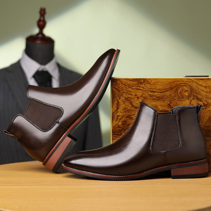 Dark brown Chelsea boots displayed at different angles, highlighting the sleek pointed toes and low heels.