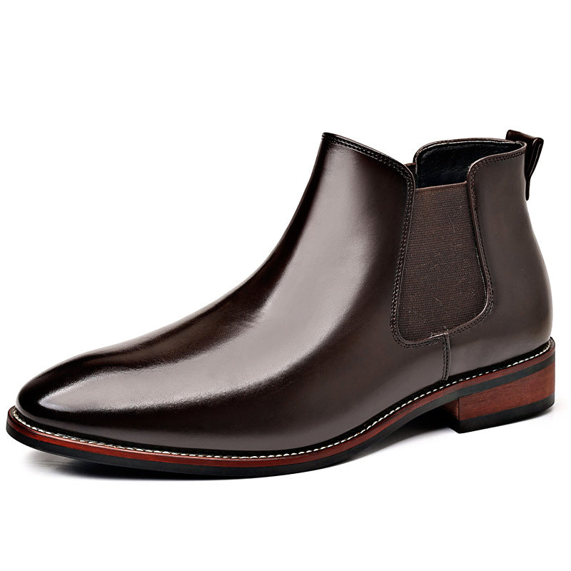 Single dark brown leather Chelsea boot with an elastic side panel, pointed toe, and low stacked heel.