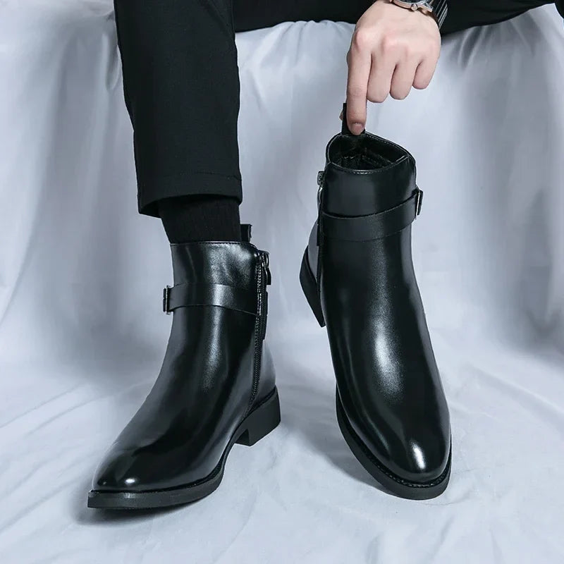 Pair of dark brown leather ankle boots displayed together, showing the side buckles, pointed toes, and block heels.