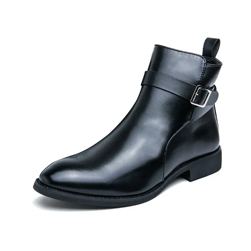 Single black leather ankle boot with a side buckle, pointed toe, pull tab, and block heel.