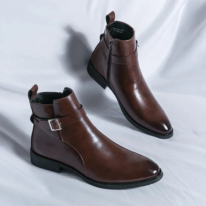 Pair of dark brown leather ankle boots displayed at an angle, highlighting the buckled straps and polished finish.