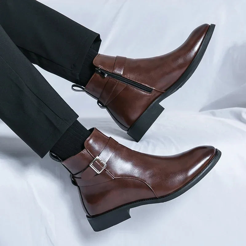 Person wearing dark brown leather ankle boots with buckled straps, showing the side profile and heel.