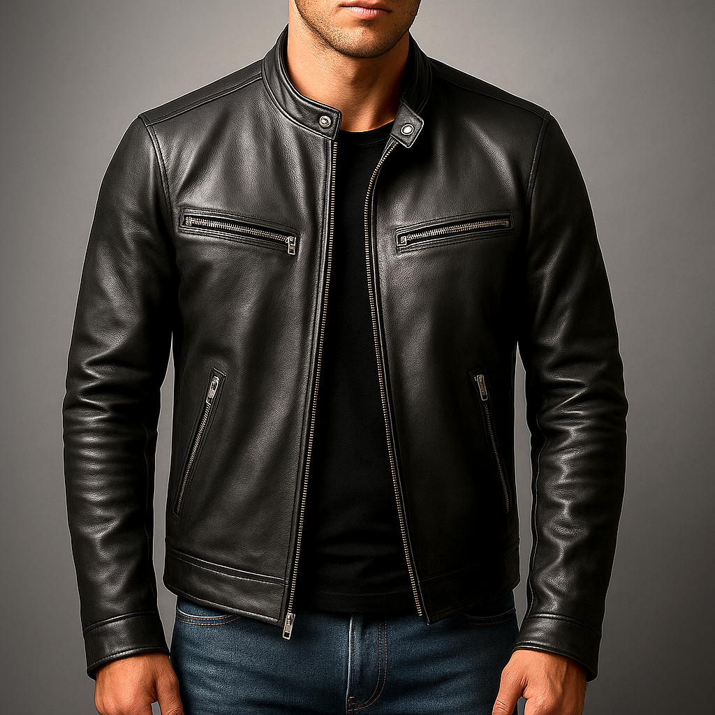 A person wearing a black leather moto jacket with a zip front, stand collar, and zippered pockets
