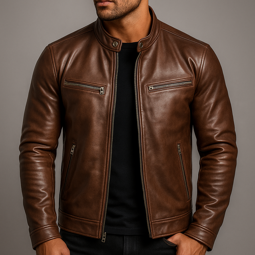 A person wearing a brown leather moto jacket with a zip front, stand collar, and zippered pockets