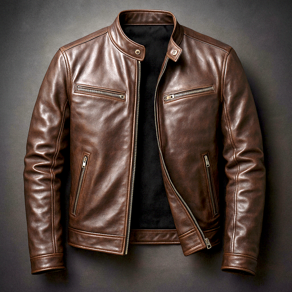 A brown leather moto jacket with a zip front, stand collar, and zippered pockets, shown flat