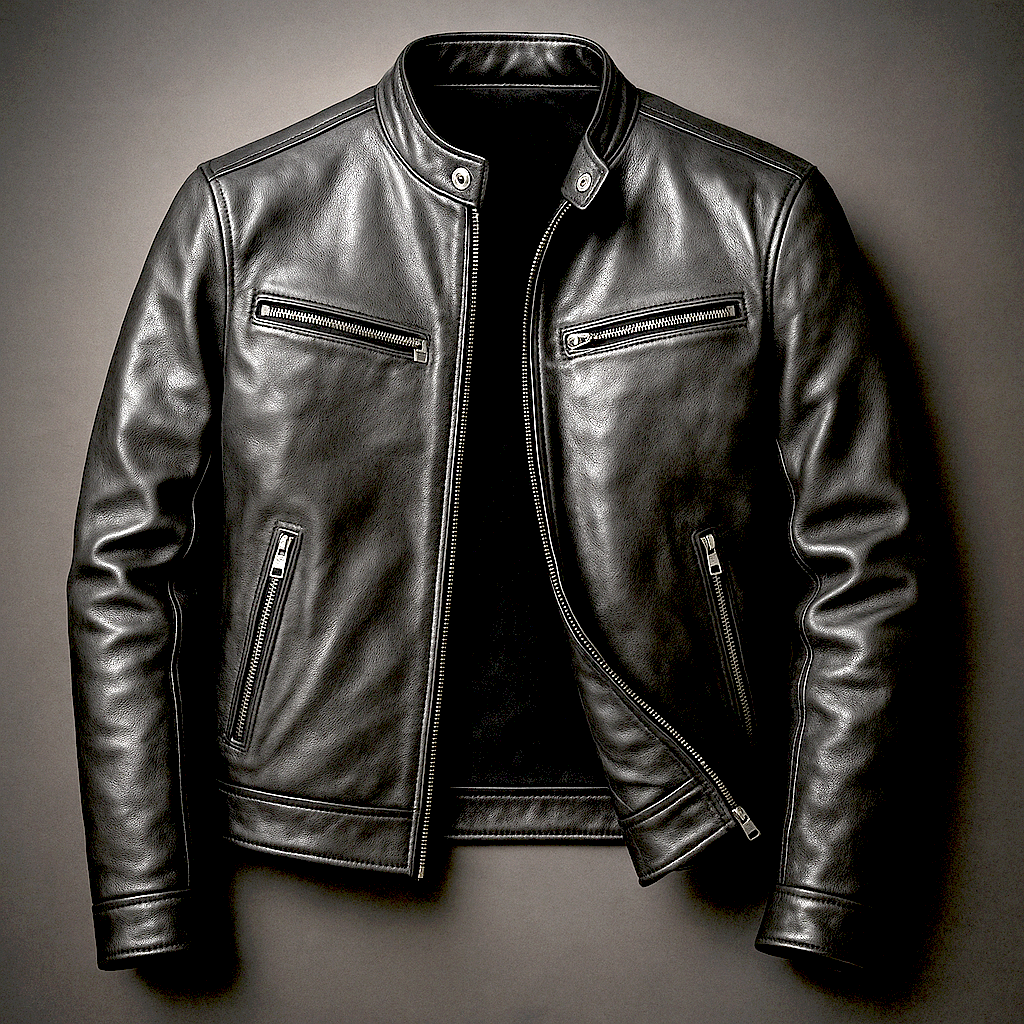 A black leather moto jacket with a zip front, stand collar, and zippered pockets, shown flat