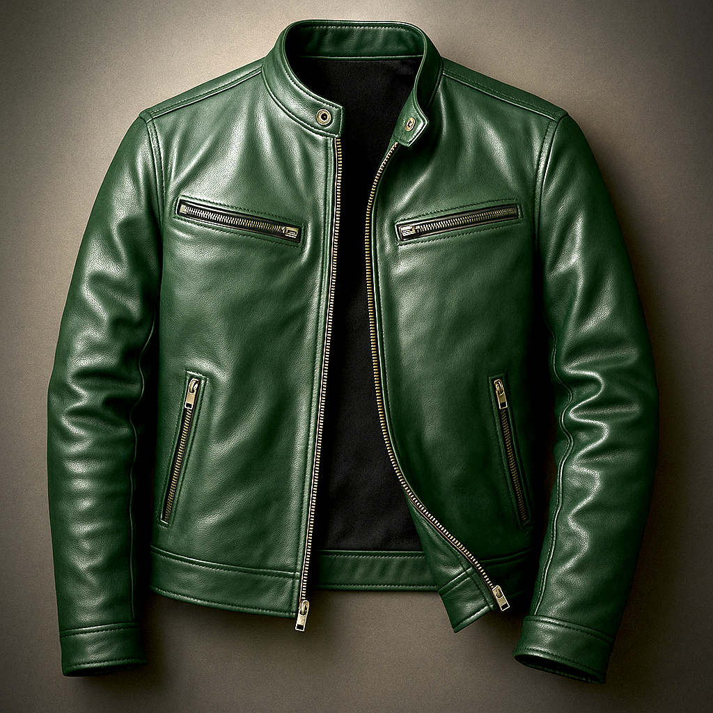 A green leather moto jacket with a zip front, stand collar, and zippered pockets, shown flat