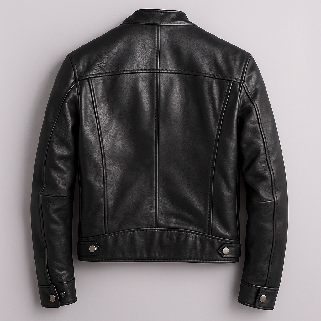 A black leather moto jacket shown from the back, featuring a zip front, stand collar, and smooth leather finish