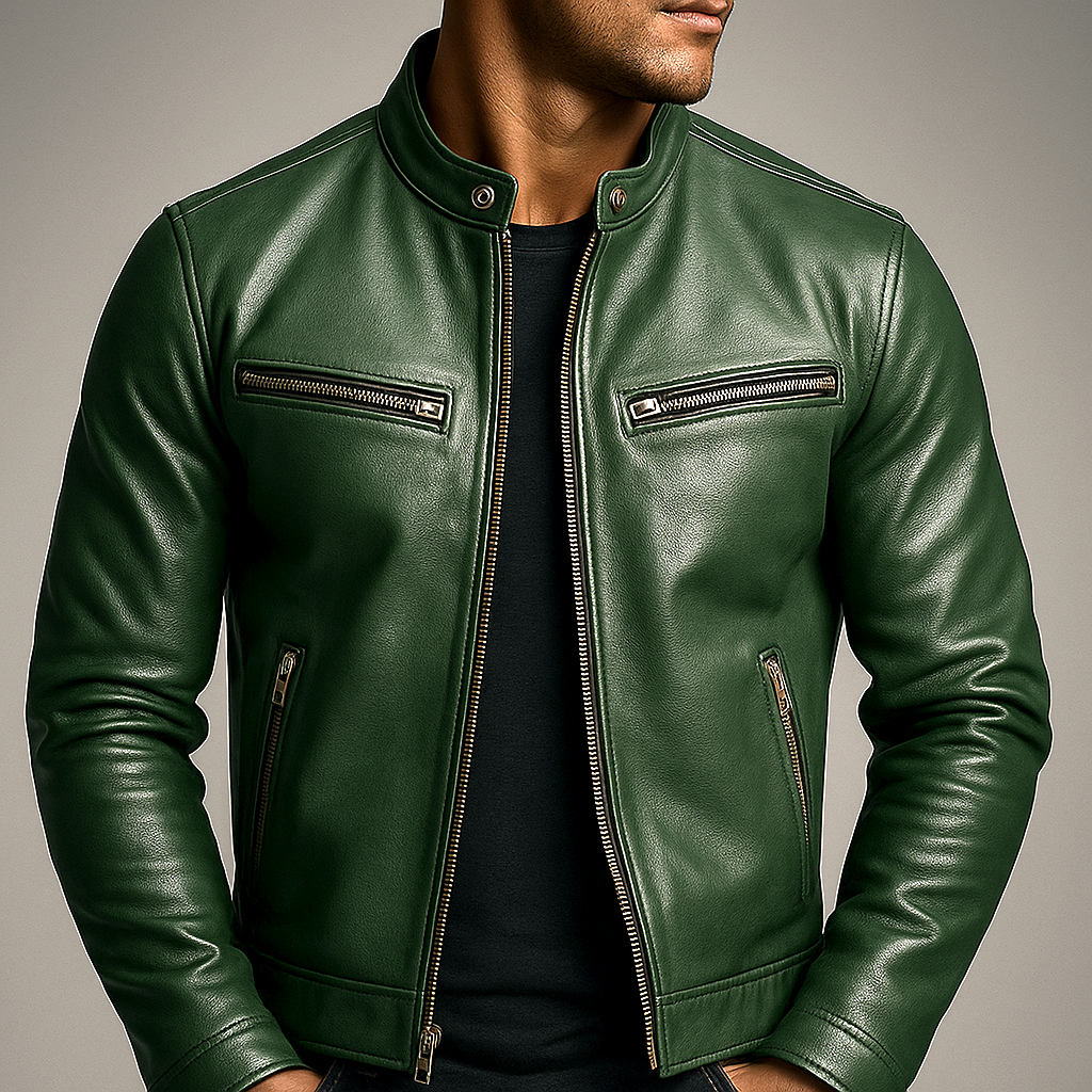 A person wearing a green leather moto jacket with a zip front, stand collar, and zippered pockets