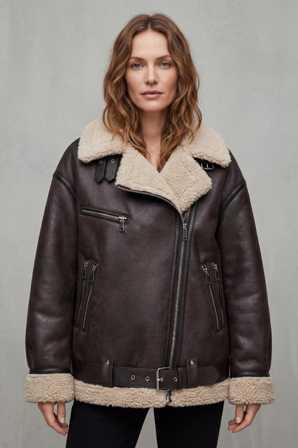 A woman wearing a dark brown leather shearling aviator jacket with a belted waist, zip front, and plush shearling collar and cuffs, front view