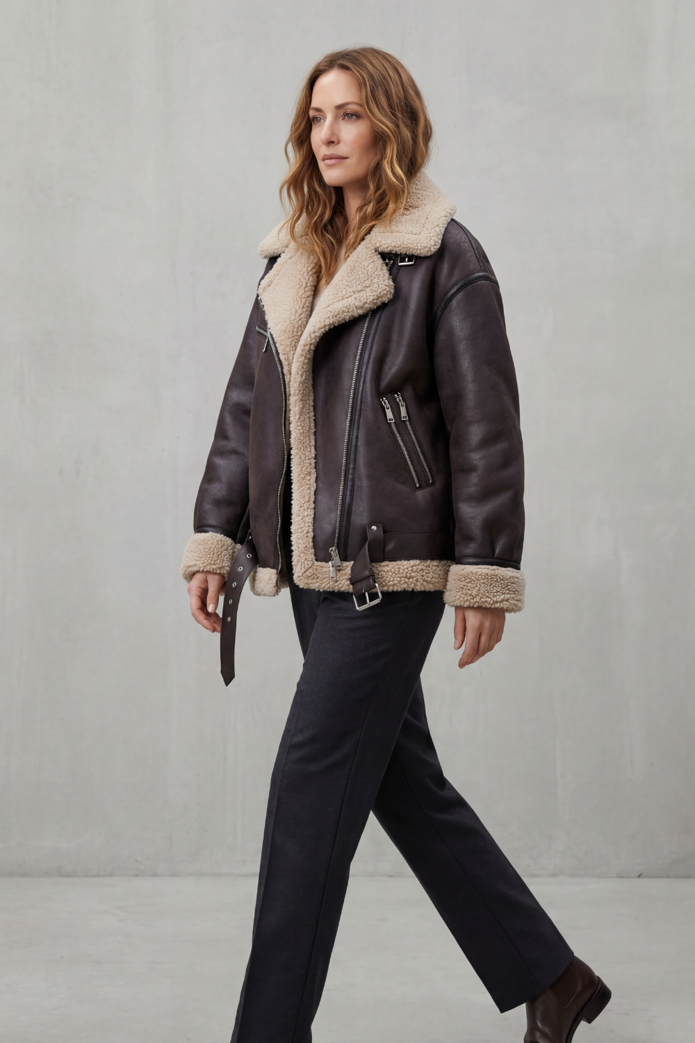 A woman wearing a dark brown leather shearling aviator jacket with a belted waist and zip front, walking in side view