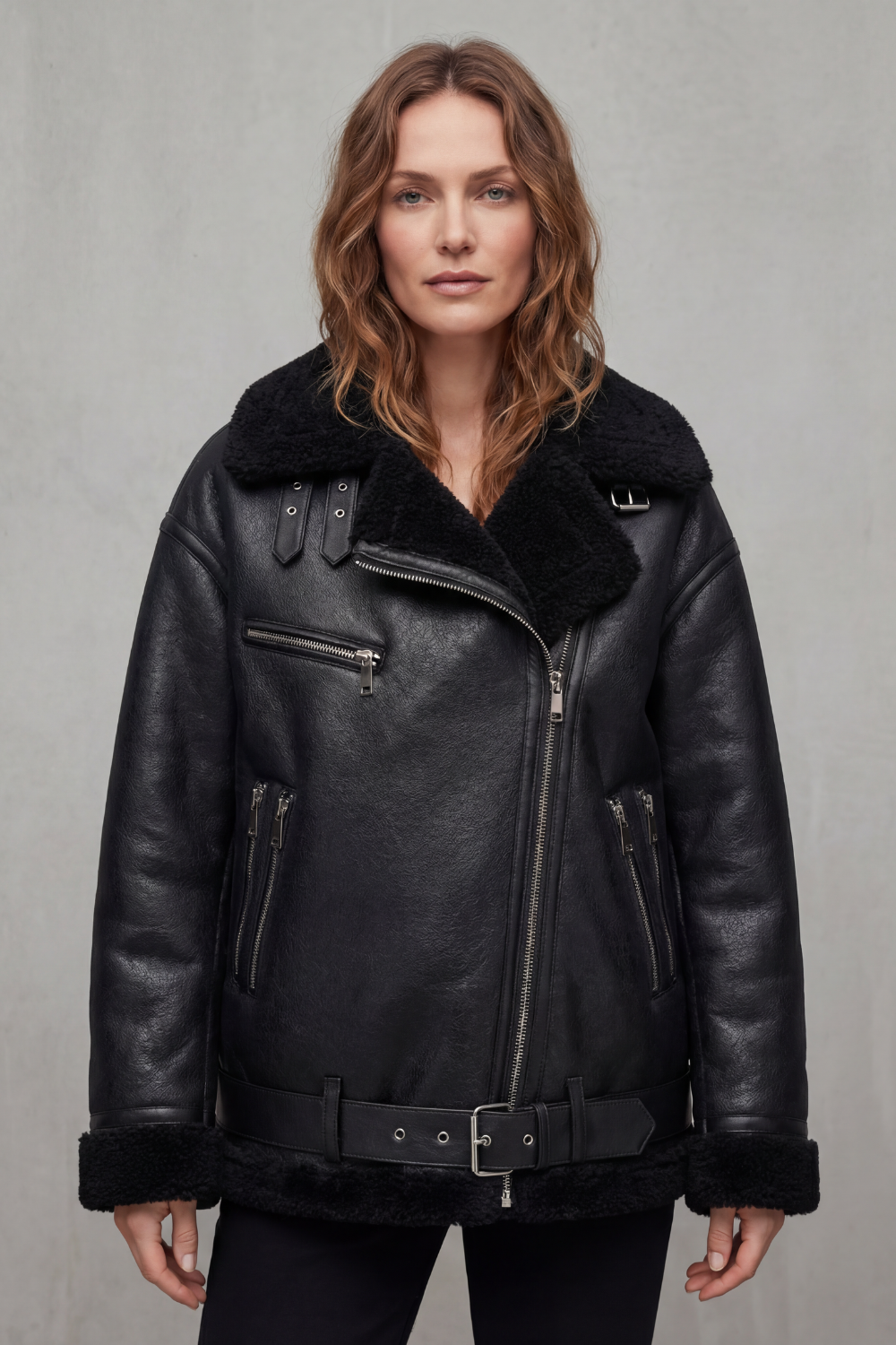 A woman wearing a black leather shearling aviator jacket with a belted waist and zip front, front view