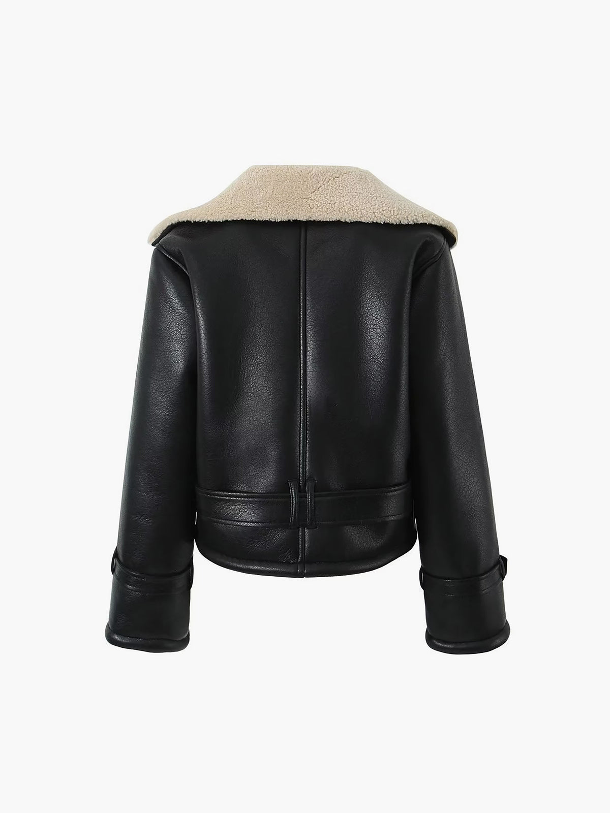 A black leather shearling aviator jacket with a cropped fit and plush shearling collar, shown from the back